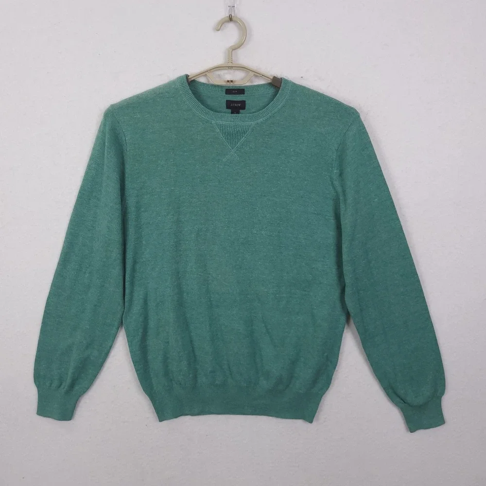 J.Crew Crewneck Sweater Mens Large Green Slim Fit Cotton Knit Pullover Preppy